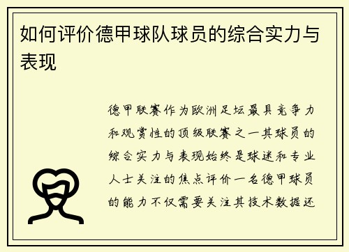 如何评价德甲球队球员的综合实力与表现