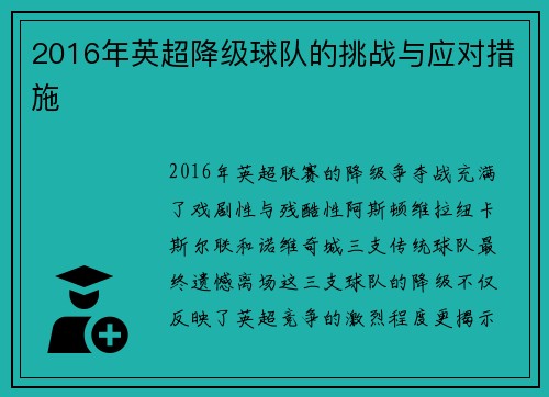 2016年英超降级球队的挑战与应对措施