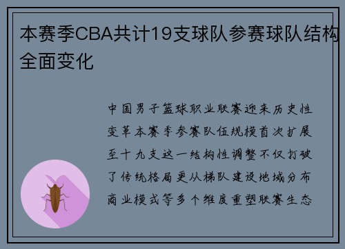 本赛季CBA共计19支球队参赛球队结构全面变化